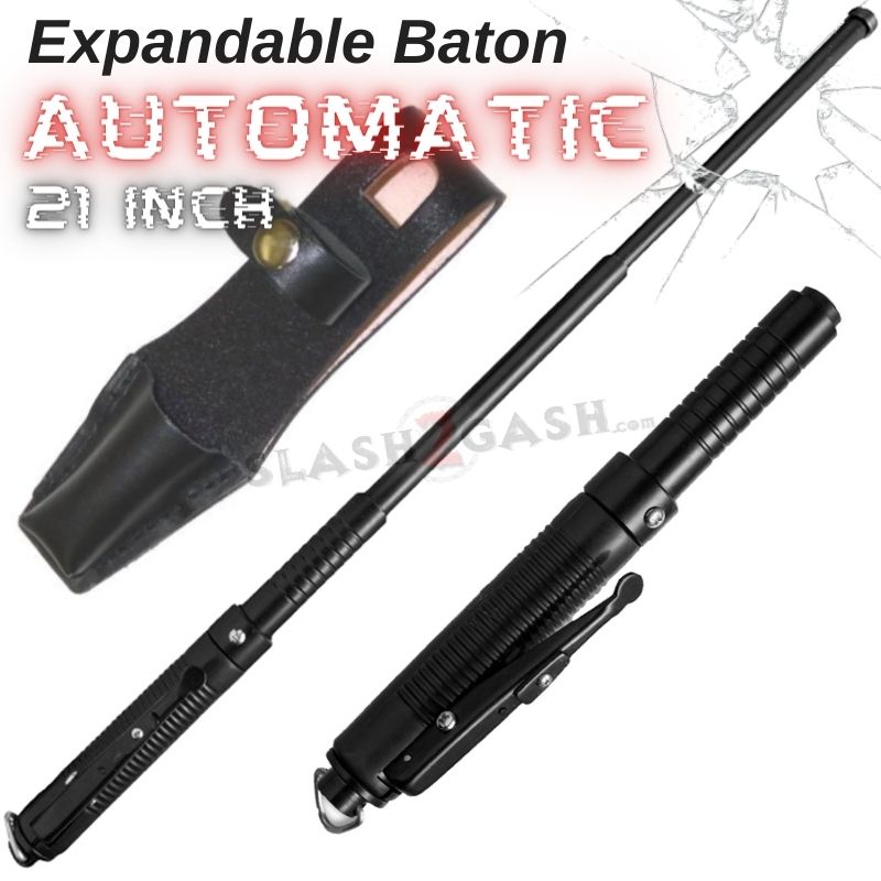 AUTOMATIC Baton Police Grade W/Leather Solid Metal Stick Black SD-Baton - Tophatter Daily Deals