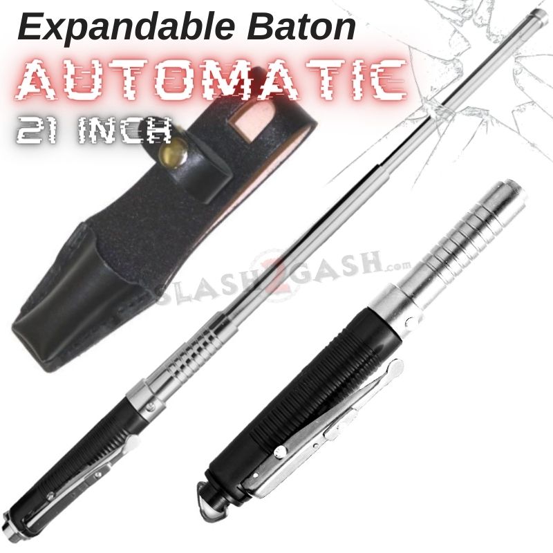 AUTOMATIC Baton Police Grade W/Leather Solid Metal Stick Chrome Chrome SD-Baton - Tophatter Daily Deals