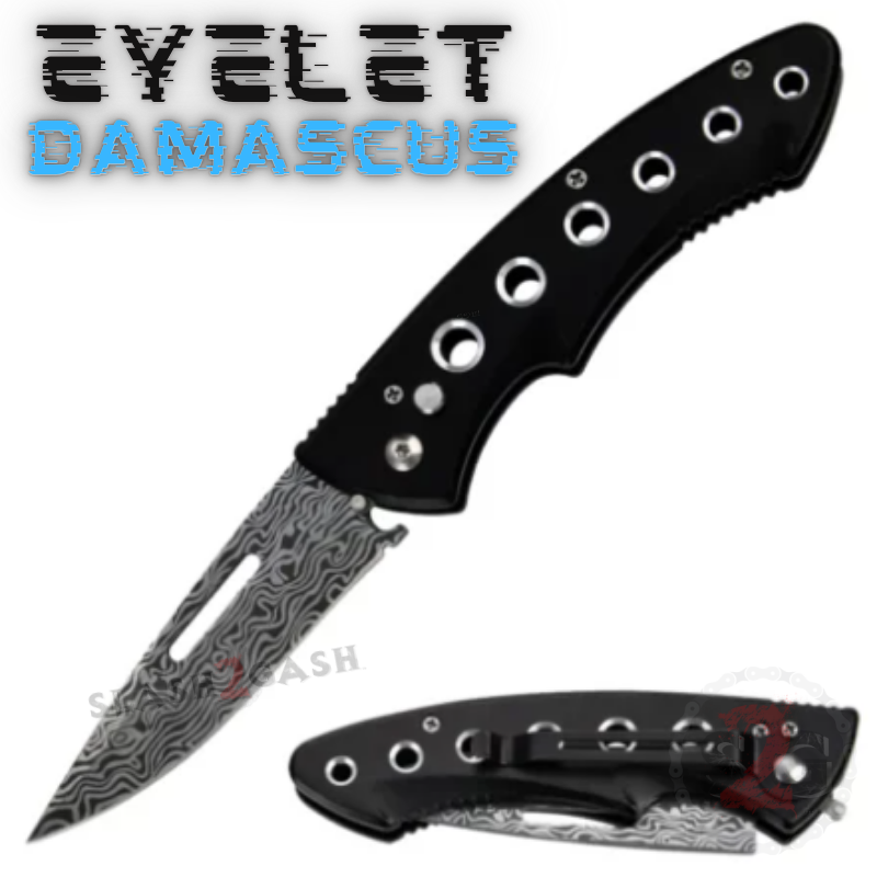 EYELET etched Damascus Automatic Knife w/ Safety Lock - Single Edge Knife-Auto - Tophatter Daily Deals