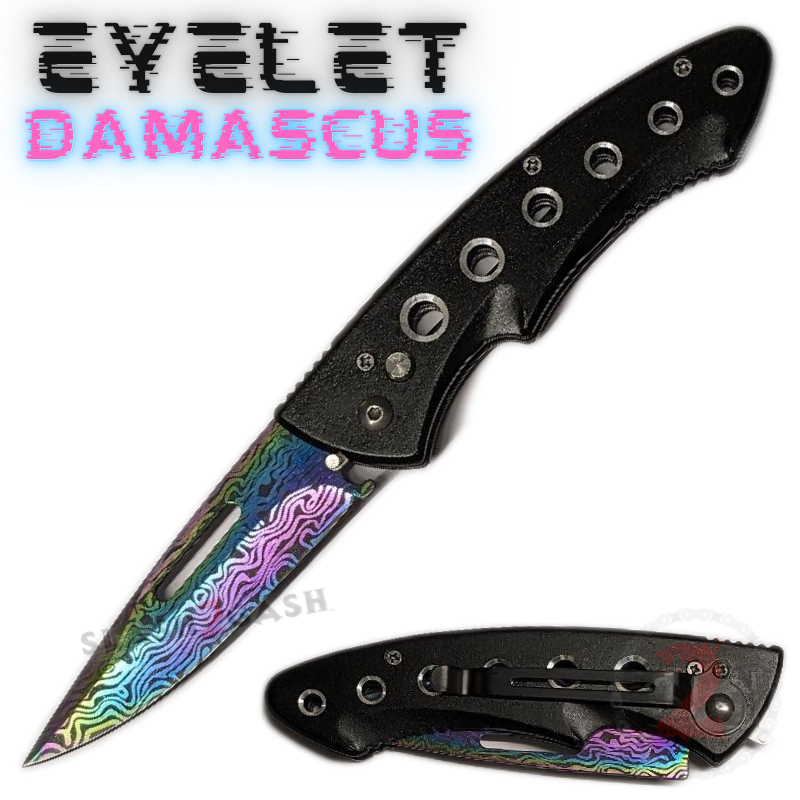 EYELET etched Damascus Auto Knife w/ Safety Lock - Single Edge Rainbow Knife-Auto - Tophatter Daily Deals