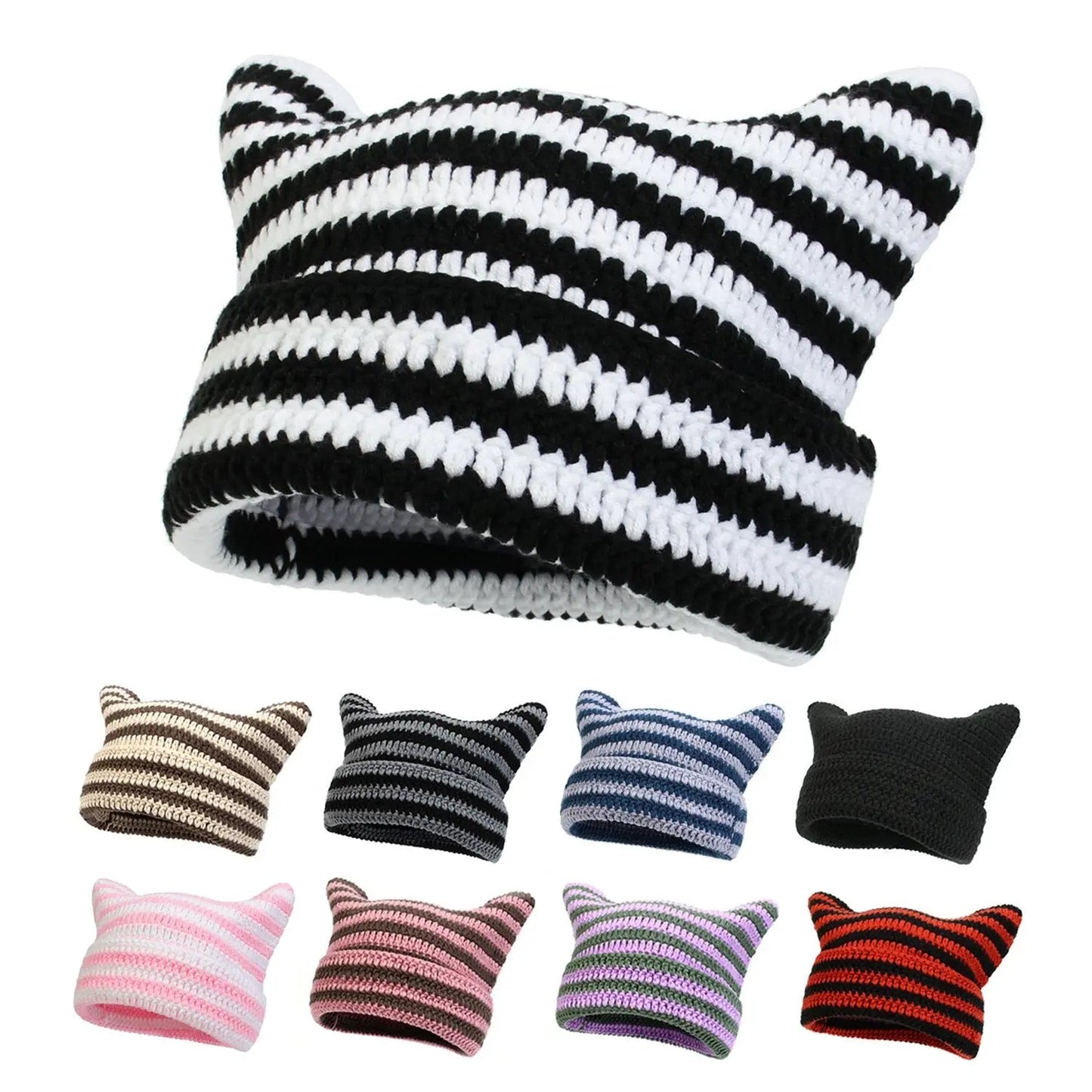 Autumn Winter Cute Cat Ears Cap, Streetwear Beanie Hat, Little Devil Striped Knitted Hat For Men Women, Kawaii Y2k Hat - Tophatter Daily Deals