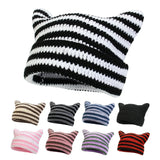 Autumn Winter Cute Cat Ears Cap, Streetwear Beanie Hat, Little Devil Striped Knitted Hat For Men Women, Kawaii Y2k Hat - Tophatter Daily Deals