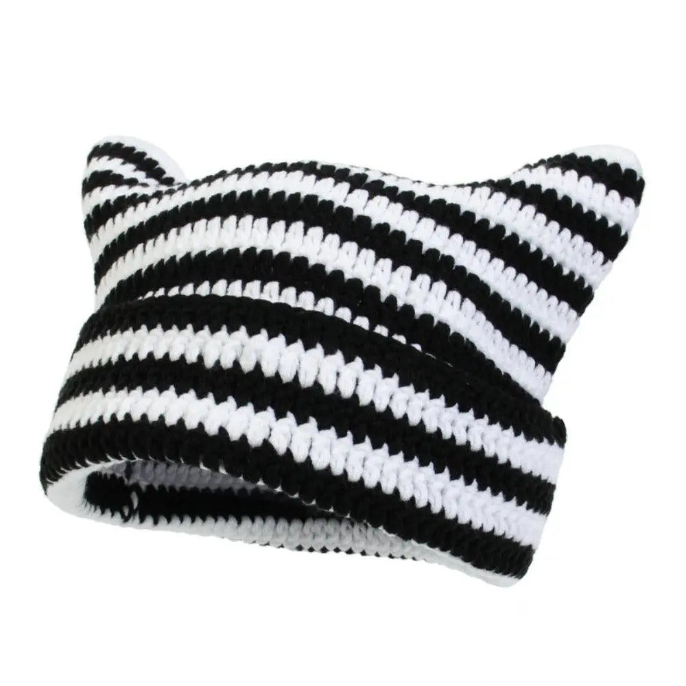 Autumn Winter Cute Cat Ears Cap, Streetwear Beanie Hat, Little Devil Striped Knitted Hat For Men Women, Kawaii Y2k Hat - Tophatter Daily Deals