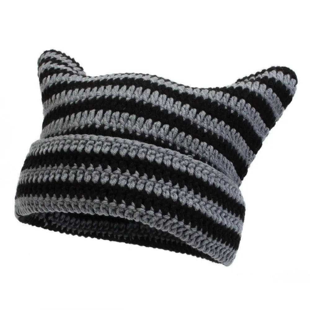 Autumn Winter Cute Cat Ears Cap, Streetwear Beanie Hat, Little Devil Striped Knitted Hat For Men Women, Kawaii Y2k Hat 56-60cm Black Gary - Tophatter Daily Deals