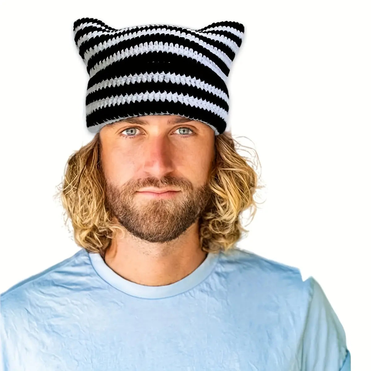 Autumn Winter Cute Cat Ears Cap, Streetwear Beanie Hat, Little Devil Striped Knitted Hat For Men Women, Kawaii Y2k Hat - Tophatter Daily Deals