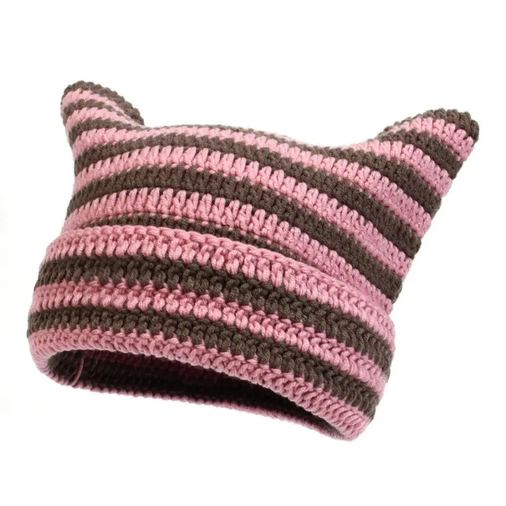 Autumn Winter Cute Cat Ears Cap, Streetwear Beanie Hat, Little Devil Striped Knitted Hat For Men Women, Kawaii Y2k Hat 56-60cm Pink Coffee - Tophatter Daily Deals