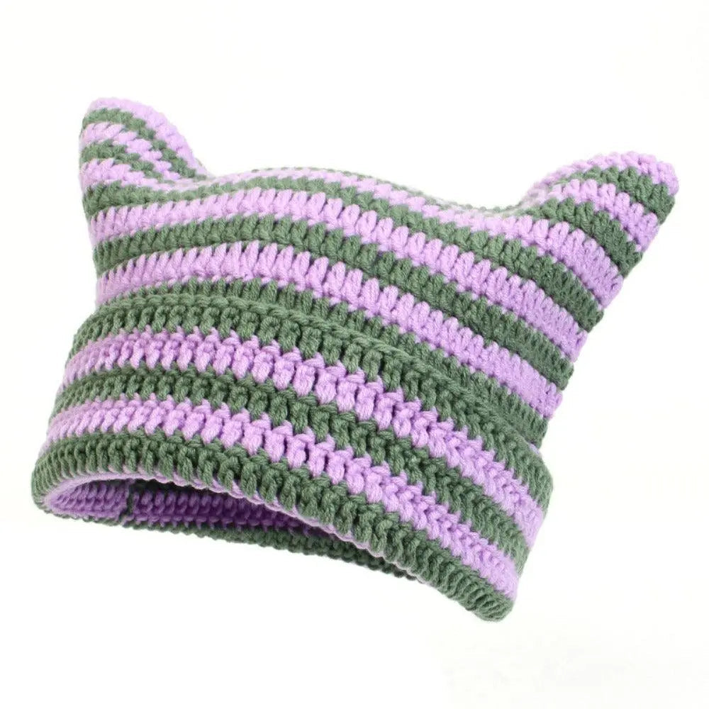 Autumn Winter Cute Cat Ears Cap, Streetwear Beanie Hat, Little Devil Striped Knitted Hat For Men Women, Kawaii Y2k Hat - Tophatter Daily Deals