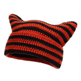 Autumn Winter Cute Cat Ears Cap, Streetwear Beanie Hat, Little Devil Striped Knitted Hat For Men Women, Kawaii Y2k Hat 56-60cm Dark Red Black - Tophatter Daily Deals