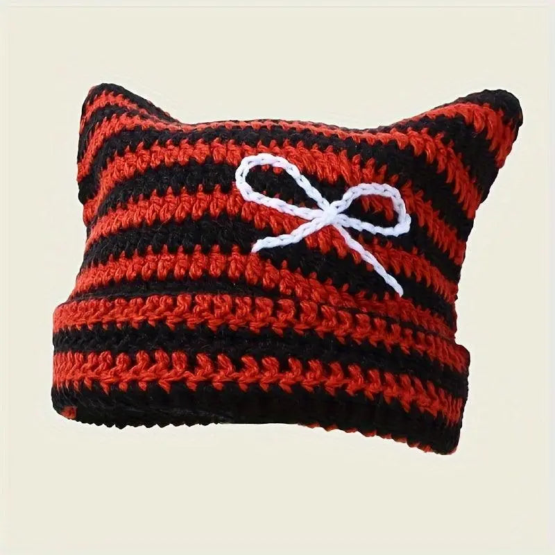 Autumn Winter Cute Cat Ears Cap, Streetwear Beanie Hat, Little Devil Striped Knitted Hat For Men Women, Kawaii Y2k Hat 56-60cm Red with knot - Tophatter Daily Deals