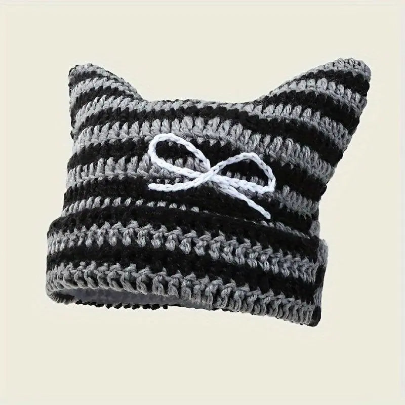 Autumn Winter Cute Cat Ears Cap, Streetwear Beanie Hat, Little Devil Striped Knitted Hat For Men Women, Kawaii Y2k Hat - Tophatter Daily Deals