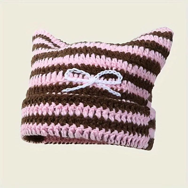 Autumn Winter Cute Cat Ears Cap, Streetwear Beanie Hat, Little Devil Striped Knitted Hat For Men Women, Kawaii Y2k Hat - Tophatter Daily Deals