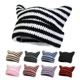 Autumn Winter Cute Cat Ears Cap, Streetwear Beanie Hat, Little Devil Striped Knitted Hat For Men Women, Kawaii Y2k Hat - Tophatter Daily Deals