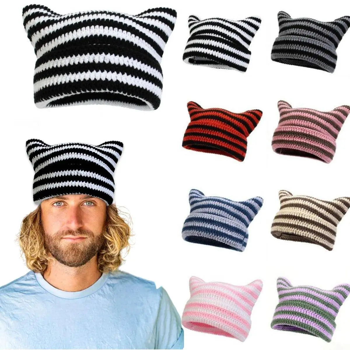 Autumn Winter Cute Cat Ears Cap, Streetwear Beanie Hat, Little Devil Striped Knitted Hat For Men Women, Kawaii Y2k Hat - Tophatter Daily Deals