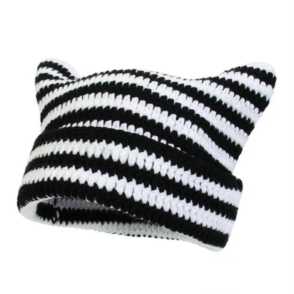 Autumn Winter Cute Cat Ears Cap, Streetwear Beanie Hat, Little Devil Striped Knitted Hat For Men Women, Kawaii Y2k Hat 56-60cm Black`White - Tophatter Daily Deals