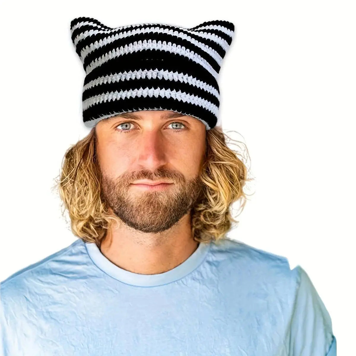 Autumn Winter Cute Cat Ears Cap, Streetwear Beanie Hat, Little Devil Striped Knitted Hat For Men Women, Kawaii Y2k Hat - Tophatter Daily Deals