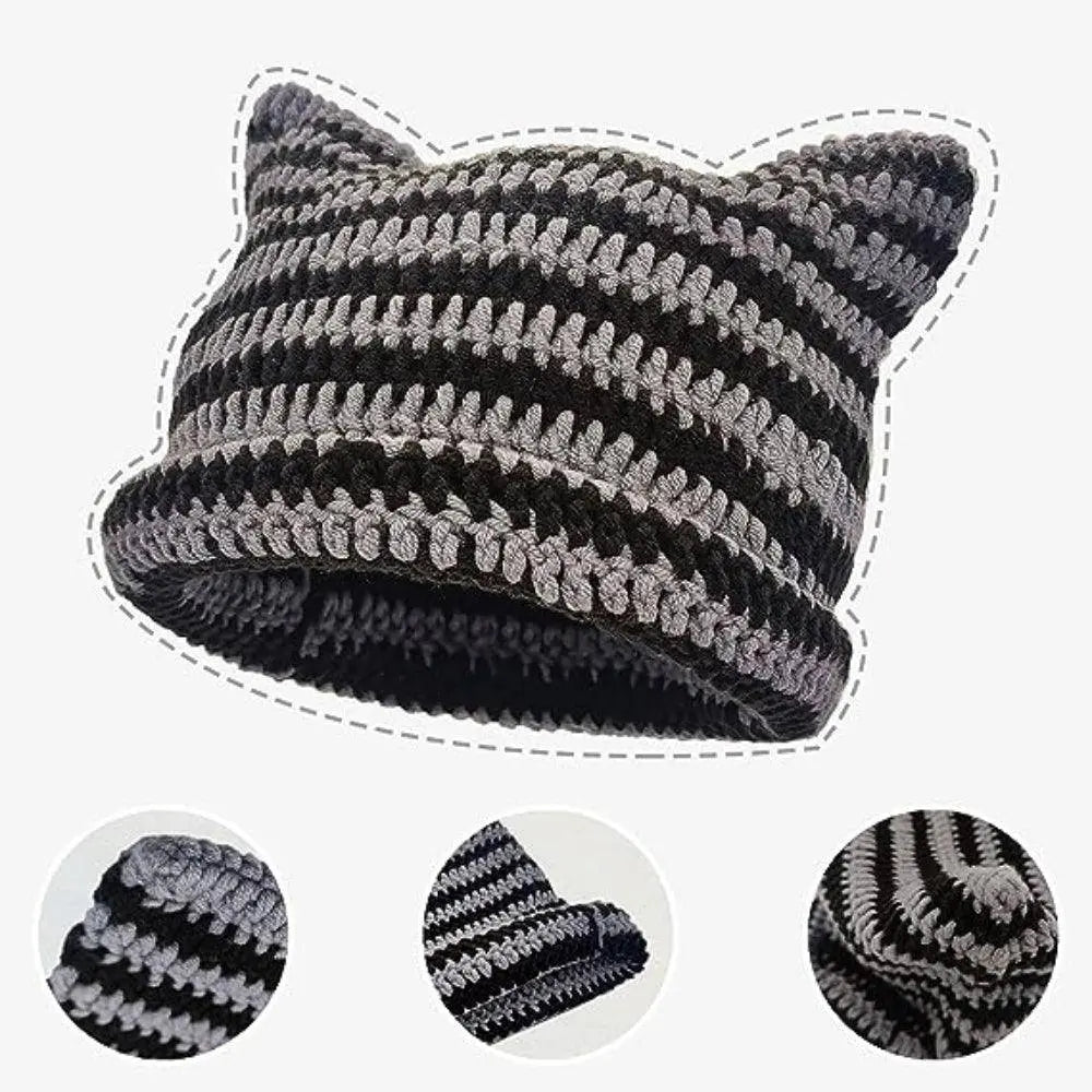 Autumn Winter Cute Cat Ears Cap, Streetwear Beanie Hat, Little Devil Striped Knitted Hat For Men Women, Kawaii Y2k Hat - Tophatter Daily Deals