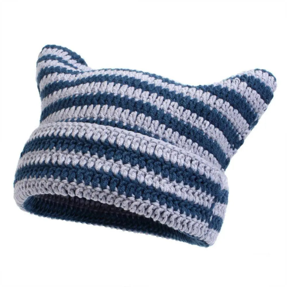 Autumn Winter Cute Cat Ears Cap, Streetwear Beanie Hat, Little Devil Striped Knitted Hat For Men Women, Kawaii Y2k Hat 56-60cm Gary Blue - Tophatter Daily Deals