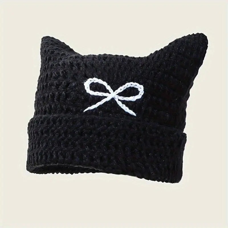 Autumn Winter Cute Cat Ears Cap, Streetwear Beanie Hat, Little Devil Striped Knitted Hat For Men Women, Kawaii Y2k Hat 56-60cm Black with knot - Tophatter Daily Deals