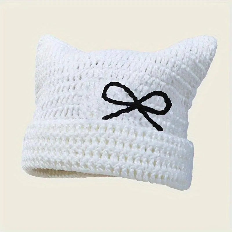 Autumn Winter Cute Cat Ears Cap, Streetwear Beanie Hat, Little Devil Striped Knitted Hat For Men Women, Kawaii Y2k Hat 56-60cm White with knot - Tophatter Daily Deals