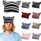 Autumn Winter Cute Cat Ears Cap, Streetwear Beanie Hat, Little Devil Striped Knitted Hat For Men Women, Kawaii Y2k Hat - Tophatter Daily Deals