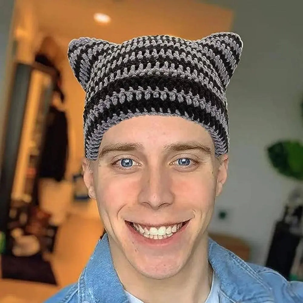 Autumn Winter Cute Cat Ears Cap, Streetwear Beanie Hat, Little Devil Striped Knitted Hat For Men Women, Kawaii Y2k Hat - Tophatter Daily Deals