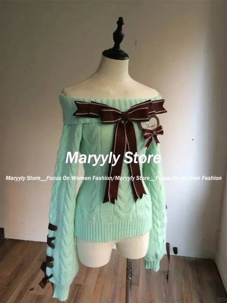 Autumn Winter Sweet Off Shoulder Knitted Sweater Women Y2k Hot Girls Slim Fit Tops Female Casual Korean Fashion Pullovers New - Tophatter Daily Deals
