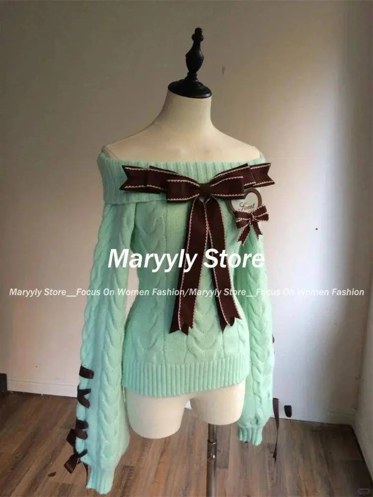 Autumn Winter Sweet Off Shoulder Knitted Sweater Women Y2k Hot Girls Slim Fit Tops Female Casual Korean Fashion Pullovers New - Tophatter Daily Deals