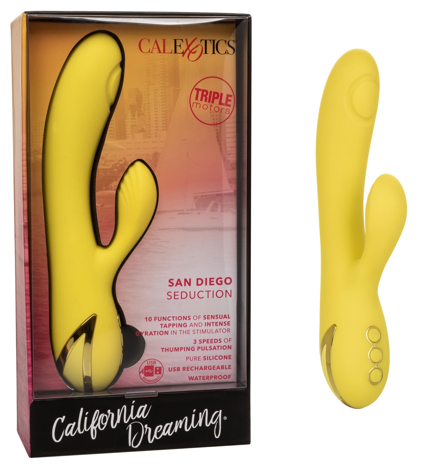 California Dreaming San Diego Seduction Yellow Silicone Dual-Action Massager with Triple Motors and 10 Functions > Vibrators > Ladies > Rabbit - Tophatter Daily Deals