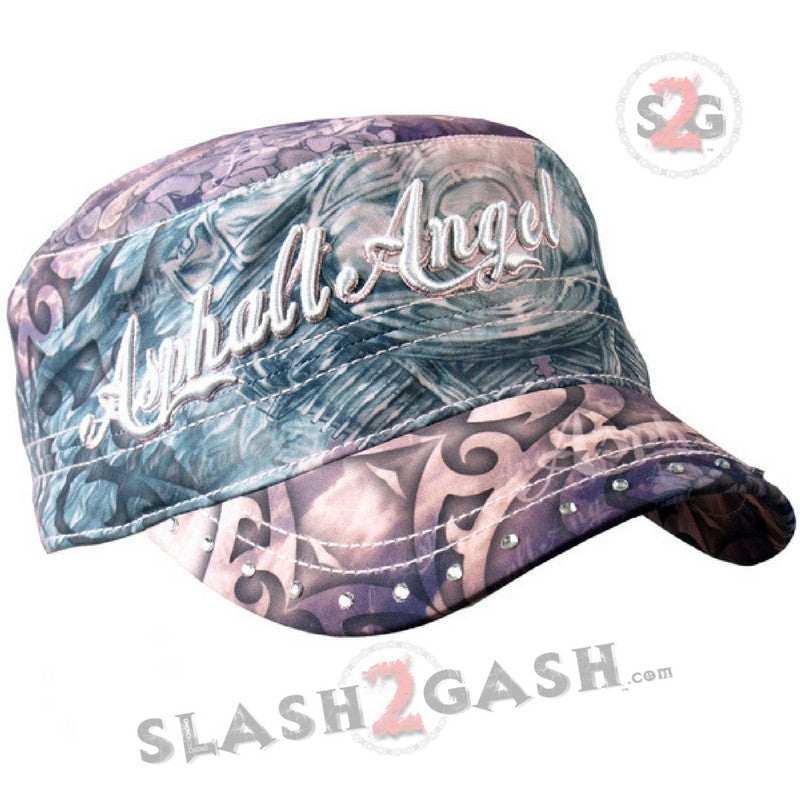 Hot Leathers Asphalt Angel Wings Cadet Cap w/ Rhinestones Hat - Tophatter Daily Deals