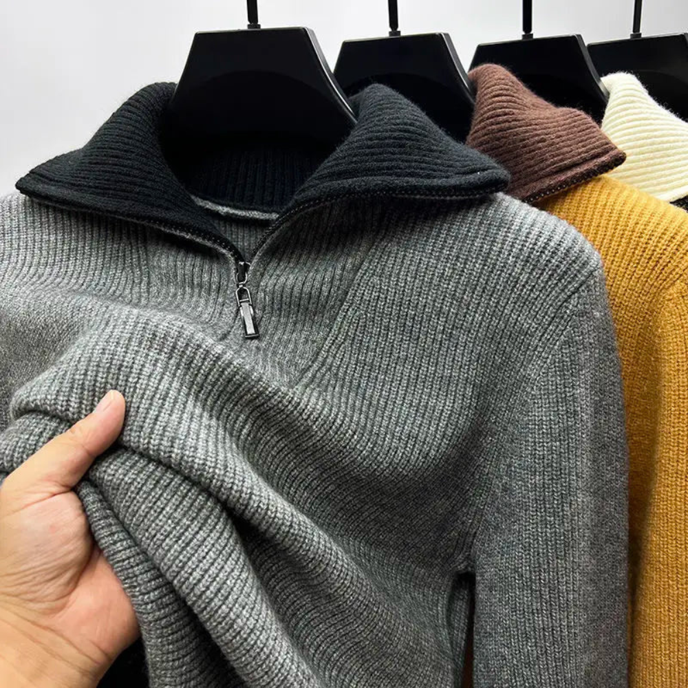 Warm Mens Half Zip Sweater - Stand Collar, Knit, Casual Gray - Tophatter Daily Deals