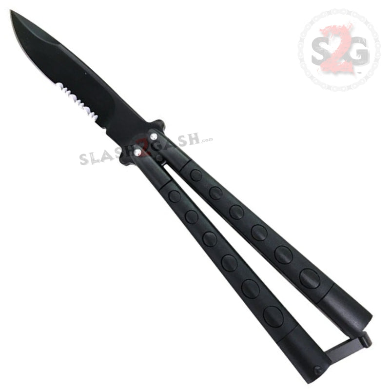 Jaguar Butterfly Knife HEAVY Taiwan Balisong w/ Inserts- Black Serrated Knife-Balisong - Tophatter Daily Deals