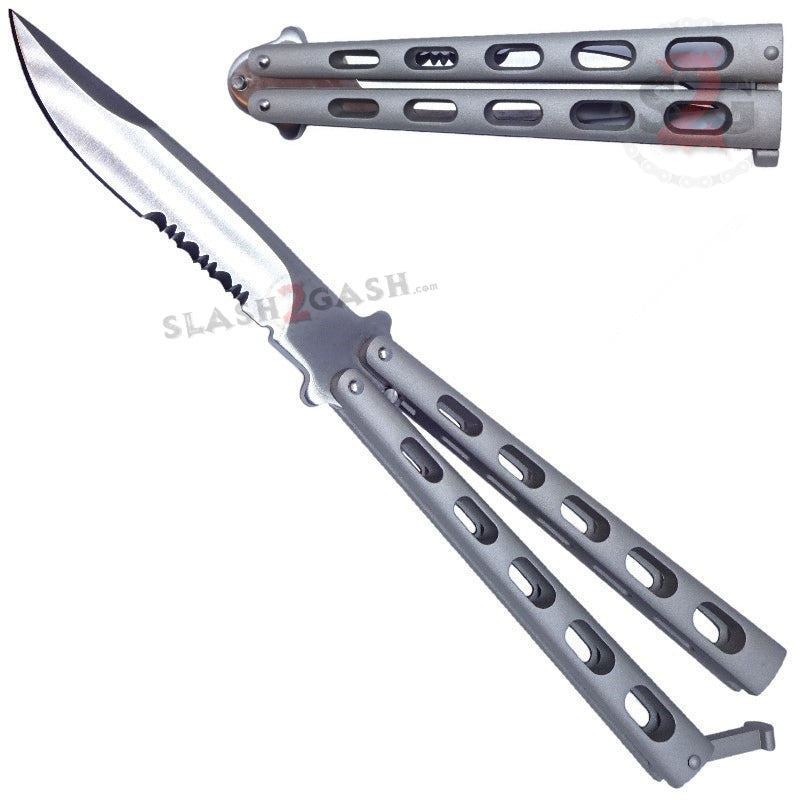 Jaguar Butterfly Knife HEAVY Taiwan Balisong - Grey Serrated Grey Knife-Balisong - Tophatter Daily Deals