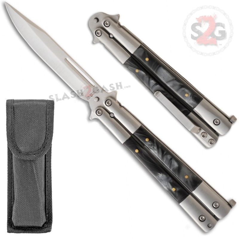 Black Marble Butterfly Knife Pearl Swirl Balisong - Plain Edge Black - Plain Edge (no clip or sheath) Knife-Balisong - Tophatter Daily Deals