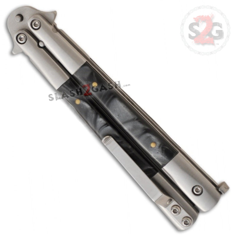 Black Marble Butterfly Knife Pearl Swirl Balisong - Plain Edge Knife-Balisong - Tophatter Daily Deals