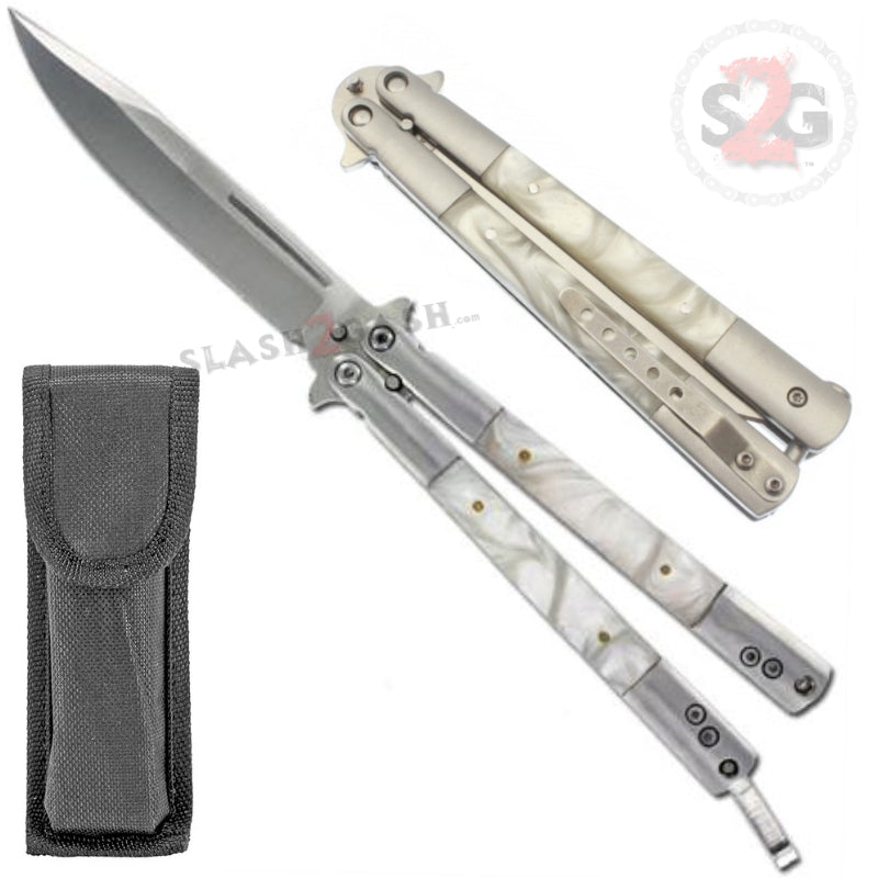 Black Marble Butterfly Knife Pearl Swirl Balisong - Plain Edge White - Plain Edge Knife-Balisong - Tophatter Daily Deals