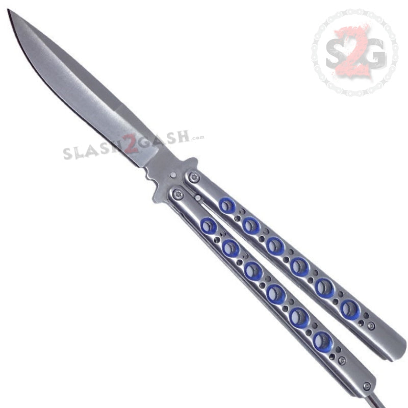 Classic Butterfly Knife w/ Spring Latch Sandwich Version - 7 Colors Silver - Blue Holes Knife-Balisong - Tophatter Daily Deals