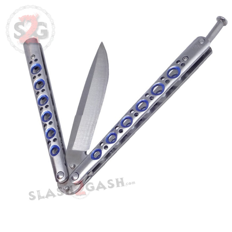 Classic Butterfly Knife w/ Spring Latch Sandwich - Silver w/ Blue Holes Knife-Balisong - Tophatter Daily Deals
