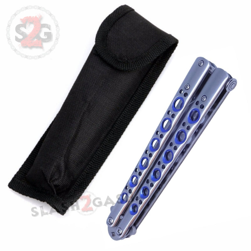 Classic Butterfly Knife w/ Spring Latch Sandwich - Silver w/ Blue Holes Knife-Balisong - Tophatter Daily Deals