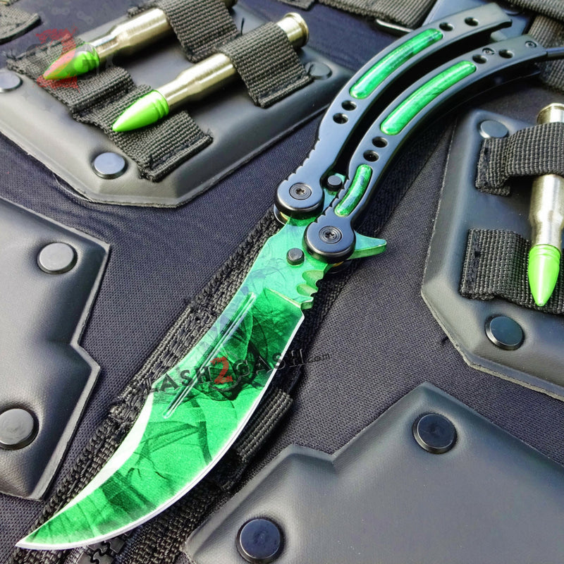 CSGO Green Gamma Doppler Emerald Butterfly Knife TRAINER Balisong Sharp Edge Knife-Balisong - Tophatter Daily Deals