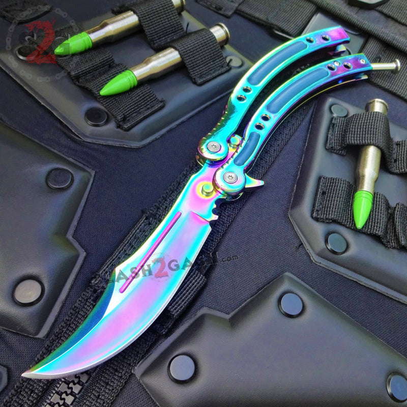 CSGO Rainbow Butterfly Knife TRAINER Dull Spring Latch PRACTICE Balisong Sharp Edge Knife-Balisong - Tophatter Daily Deals