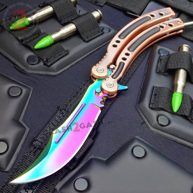 CSGO Rainbow Butterfly Knife SHARP 440C Counter Strike Balisong - Bronze Sharp Edge Knife-Balisong - Tophatter Daily Deals