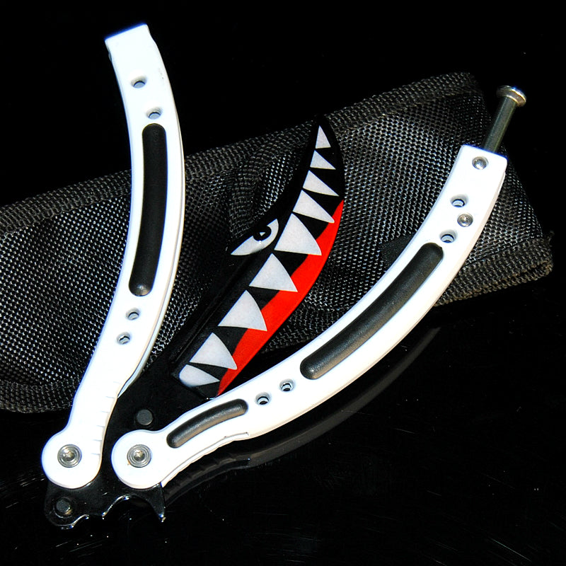 CSGO Spit Fire Butterfly Knife SHARP 440C Counter Strike Shark Balisong Trainer Dull - White (ready to sharpen) Knife-Balisong - Tophatter Daily Deals