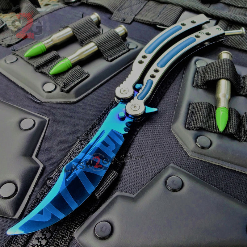 22 colors CSGO Butterfly Knife TRAINER Dull Spring Latch PRACTICE Balisong Blue Slaughter w Grey Handle Knife-Balisong - Tophatter Daily Deals