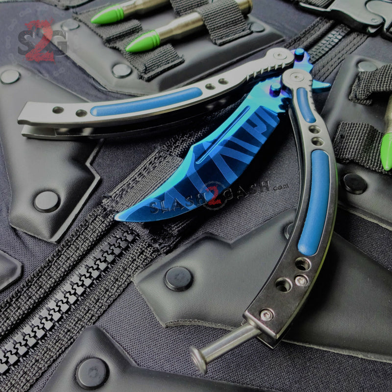 CSGO Blue Slaughter Butterfly Knife SHARP Tactical Balisong - Grey Trainer - Ready to Sharpen Knife-Balisong - Tophatter Daily Deals