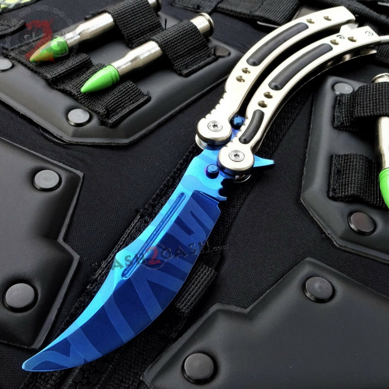 22 colors CSGO Butterfly Knife TRAINER Dull Spring Latch PRACTICE Balisong Blue Slaughter w Silver Handle Knife-Balisong - Tophatter Daily Deals