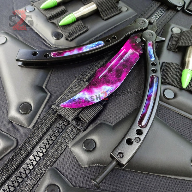 CSGO Galaxy Butterfly Knife SHARP 440C Counter Strike Tactical Balisong Black, Dull - Ready to Sharpen Knife-Balisong - Tophatter Daily Deals