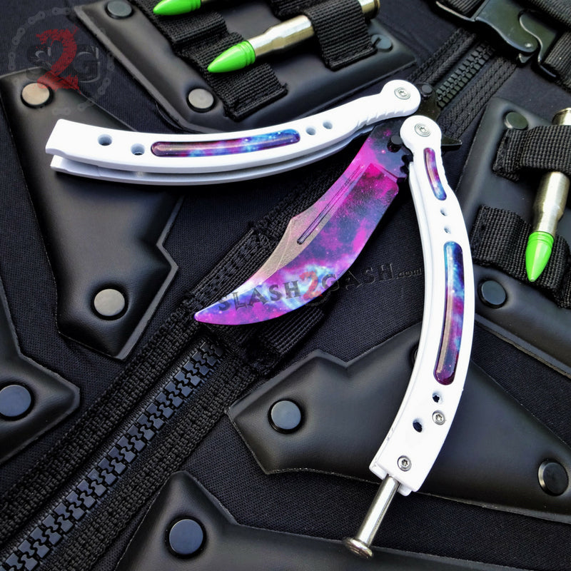 CSGO Galaxy Butterfly Knife SHARP 440C Counter Strike Tactical Balisong White, Dull - Ready to Sharpen Knife-Balisong - Tophatter Daily Deals