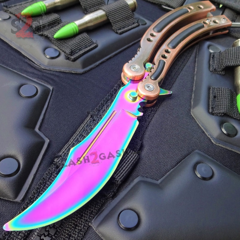 CSGO Rainbow Butterfly Knife SHARP 440C Counter Strike Balisong - Bronze Trainer Dull - Ready to Sharpen Knife-Balisong - Tophatter Daily Deals