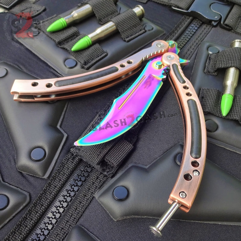 CSGO Rainbow Butterfly Knife TRAINER Bronze Dull PRACTICE Balisong Holes Trainer Dull - Ready to Sharpen Knife-Balisong - Tophatter Daily Deals