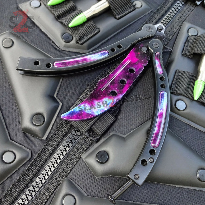 22 colors CSGO Butterfly Knife TRAINER Dull Spring Latch PRACTICE Balisong BlackGalaxy w holes - can NOT sharpen Knife-Balisong - Tophatter Daily Deals